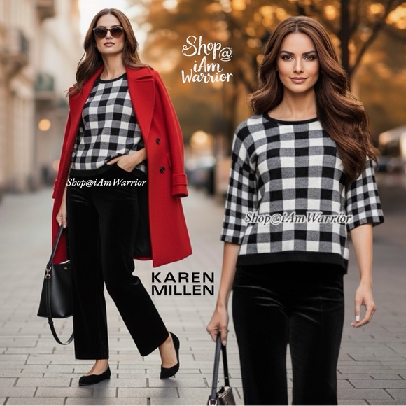 Karen Millen cropped boxy b&w checkered short sleeve...